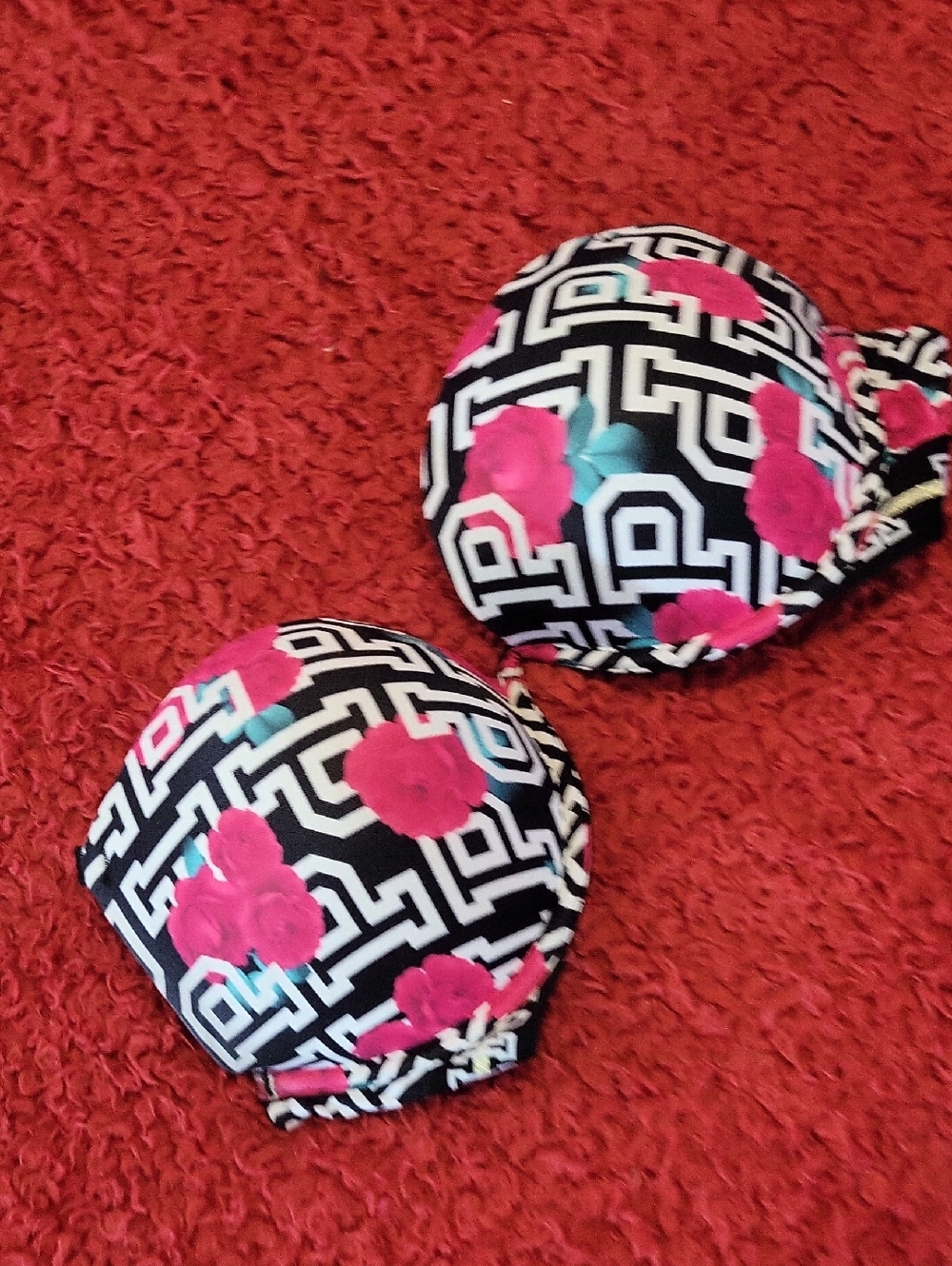 Victoria's Secret Black Floral Geo Push-Up Bra with Pink and Teal Accents